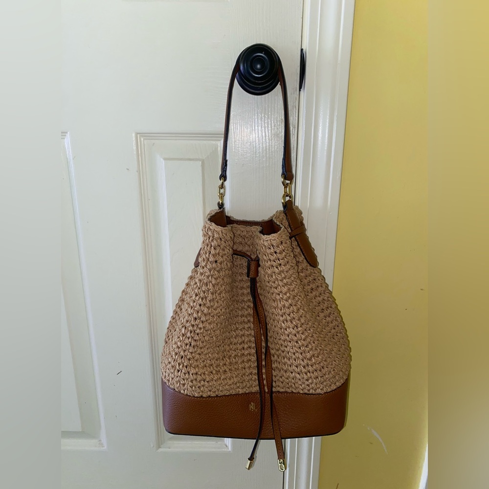 Women’s Ralph Lauren Faux Straw and leather large drawstring bucket bag